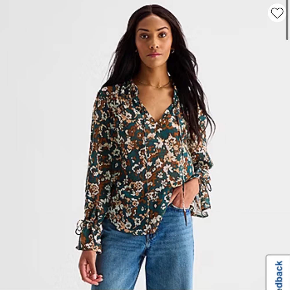 a.n.a Sheer Womens Split Tie Neck Long Sleeve Blouse